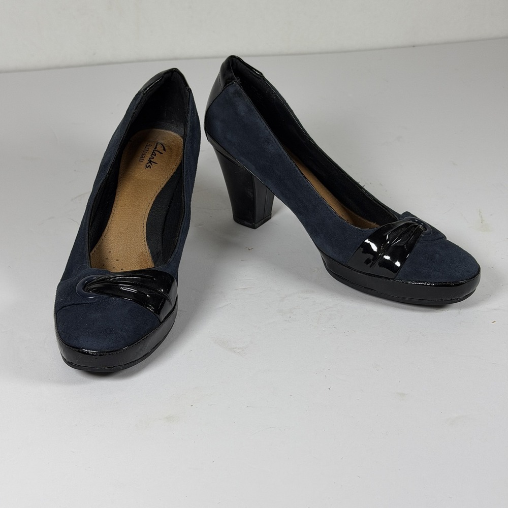 Clarks Artisan Women's Navy Suede Patent Block Heel Pumps Size 10M F-13
